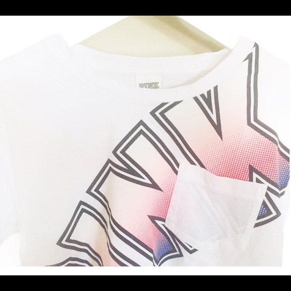 PINK Victorias Secret Pocket Crop Top/Tee With Pink Graphic Print Ivory Sz Small - Picture 5 of 11